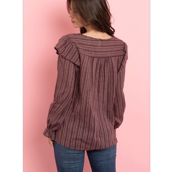 LLOVE Boho Chic Burgundy Striped Embroidered Top - Picture 7 of 9